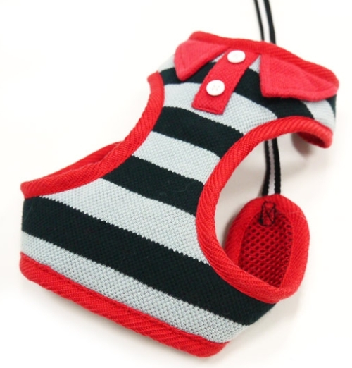 DOGO Design - EasyGo Polo Black & Red Step-In Harness with Leash.  Stripe color with Polo shirt styled collar and buttons.  The best all-in-one soft harness.  Easy, safe, and comfortable to wear.  It features buckle-less step-in design that is secured by a simple slide down clip.  Matching lead is included with every EasyGO!