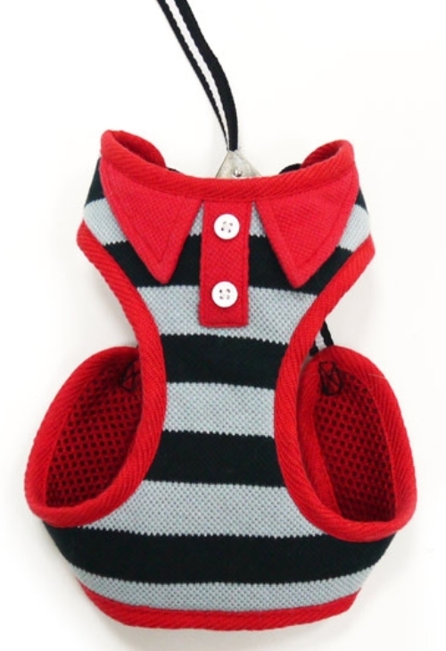 DOGO Design - EasyGo Polo Black & Red Step-In Harness with Leash.  Stripe color with Polo shirt styled collar and buttons.  The best all-in-one soft harness.  Easy, safe, and comfortable to wear.  It features buckle-less step-in design that is secured by a simple slide down clip.  Matching lead is included with every EasyGO!