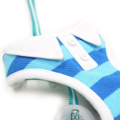 DOGO Design - EasyGo Polo Blue Step-In Harness with Leash - Blue stripes with white trim polo shirt styled collar and buttons.  The best all-in-one soft harness.  Easy, safe, and comfortable to wear.  It features buckle-less step-in design that is secured by a simple slide down clip.  Matching lead is included with every EasyGO!