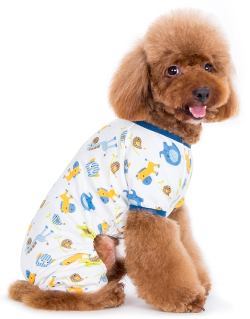 DOGO Design - Pajamas in Zoo Blue - Bedtime has never looked better with 4 legged coverage and cute animal graphics.  Leash hole makes these PJs great for outdoor walks.  Stay cozy in air conditioned room.  100% Cotton.  Leash hole.