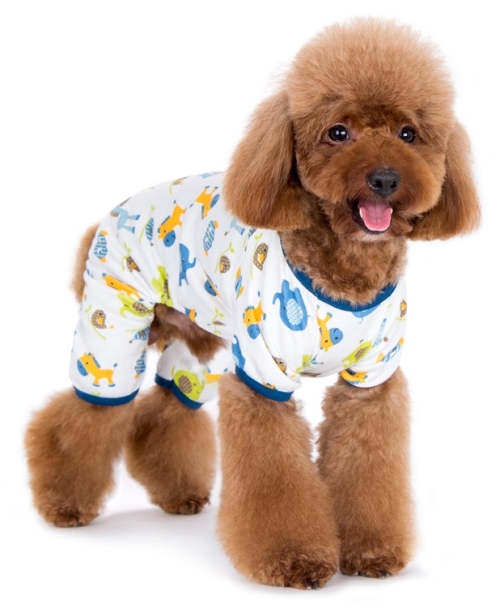 DOGO Design - Pajamas in Zoo Blue - Bedtime has never looked better with 4 legged coverage and cute animal graphics.  Leash hole makes these PJs great for outdoor walks.  Stay cozy in air conditioned room.  100% Cotton.  Leash hole.
