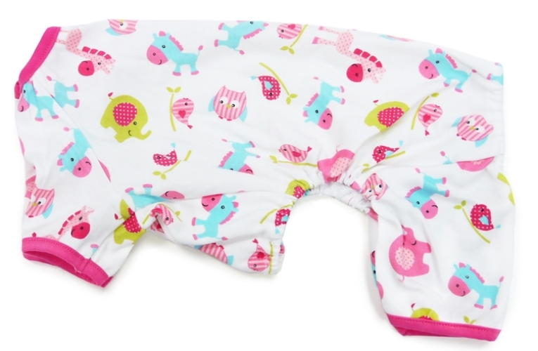 DOGO Design - Pajamas in Zoo Pink - Bedtime has never looked better with 4 legged coverage and cute animal graphics.  Leash hole makes these PJs great for outdoor walks.  Stay cozy in air conditioned room.  100% Cotton.  Leash hole.