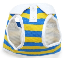 DOGO Design - SnapGo Polo Boy Blue Harness - Stripe design with polo shirt like collar and decorative buttons.  SnapGO is a soft vest styled harness.  Step in, snap the buckle, adjust girth tightness with Velcro closure, attach your leash to two D rings and GO! 