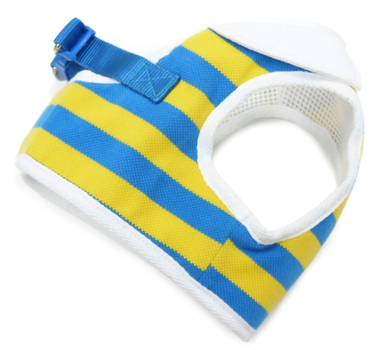 DOGO Design - SnapGo Polo Boy Blue Harness - Stripe design with polo shirt like collar and decorative buttons.  SnapGO is a soft vest styled harness.  Step in, snap the buckle, adjust girth tightness with Velcro closure, attach your leash to two D rings and GO! 