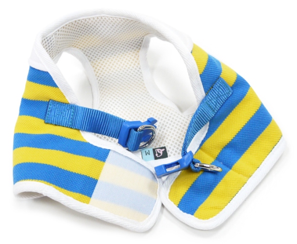 DOGO Design - SnapGo Polo Boy Blue Harness - Stripe design with polo shirt like collar and decorative buttons.  SnapGO is a soft vest styled harness.  Step in, snap the buckle, adjust girth tightness with Velcro closure, attach your leash to two D rings and GO! 