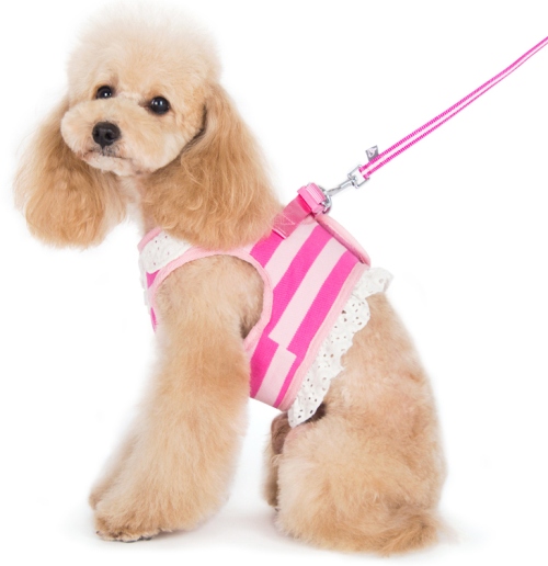 DOGO Design - SnapGO Polo Girl Pink Harness - Stripe design with polo shirt like collar, decorative buttons.  Eyelet collar, button placket, and ruffle trim.  SnapGO is a soft vest styled harness.  Step in, snap the buckle, adjust girth tightness with Velcro closure, attach the lead to two D rings and GO! 