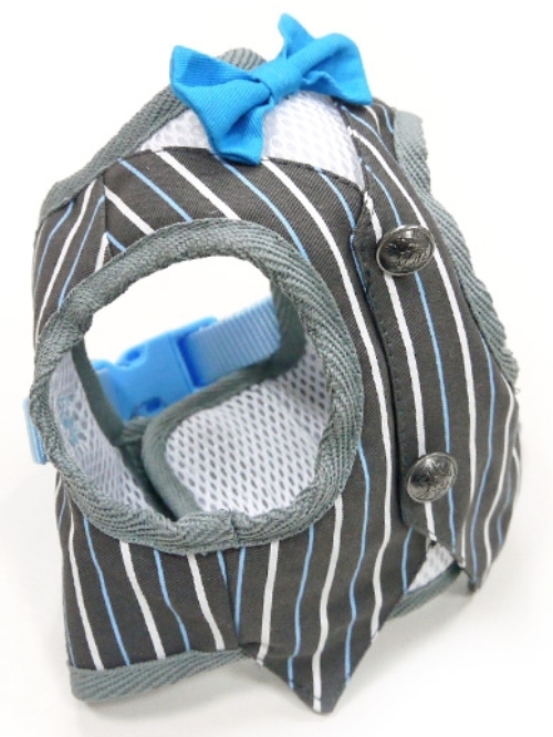DOGO Design - SnapGo Bowtie Gentleman Harness - Striped man's sports jacket look accented with bowtie and buttons.  SnapGO is a soft vest styled harness.  Step in, snap the buckle, adjust girth tightness with Velcro closure, attach the lead to two D rings and GO!