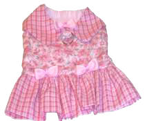 Fancie Face Country Pupkin Harness Dress with Matching Leash - Pink floral bodice.  Gathered skirt and collar are made to match in pink plaid.  Three tiny pink bows, two at the waist and one on the collar.  Stretch neck and tummy band.  Matching Leash included.