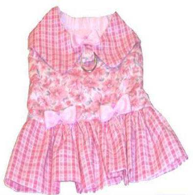 Fancie Face Country Pupkin Harness Dress with Matching Leash - Pink floral bodice.  Gathered skirt and collar are made to match in pink plaid.  Three tiny pink bows, two at the waist and one on the collar.  Stretch neck and tummy band.  Matching Leash included.