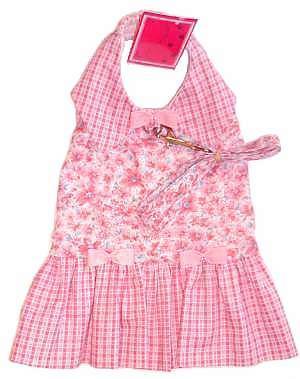 Fancie Face Country Pupkin Harness Dress with Matching Leash - Pink floral bodice.  Gathered skirt and collar are made to match in pink plaid.  Three tiny pink bows, two at the waist and one on the collar.  Stretch neck and tummy band.  Matching Leash included.