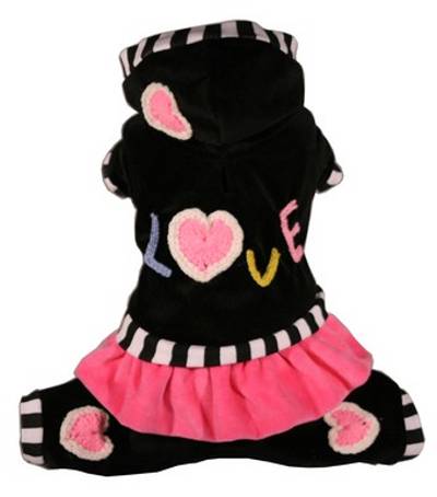 Hip Doggie - Love Jumper - Too cute!!!  Soft stretch velvet one-piece hooded jumpsuit with skirt.  Embellished with crocheted hearts and letters.  Velcro closure on belly, leash hole at neckline.