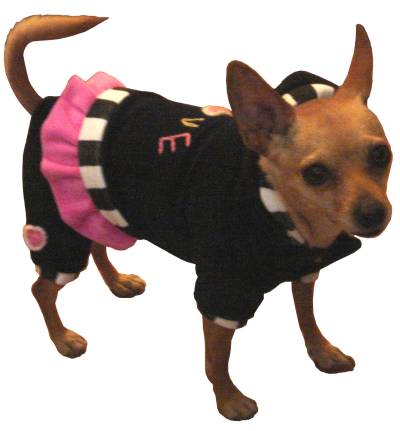 Hip Doggie - Love Jumper - Too cute!!!  Soft stretch velvet one-piece hooded jumpsuit with skirt.  Embellished with crocheted hearts and letters.  Velcro closure on belly, leash hole at neckline.