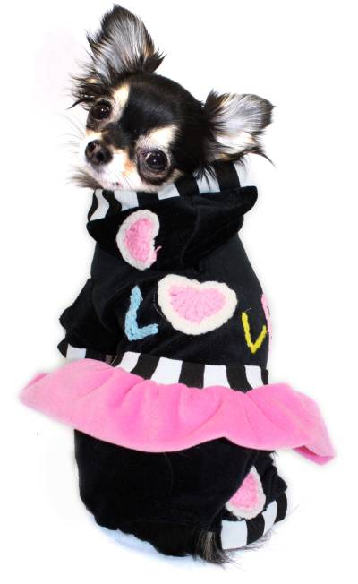 Hip Doggie - Love Jumper - Too cute!!!  Soft stretch velvet one-piece hooded jumpsuit with skirt.  Embellished with crocheted hearts and letters.  Velcro closure on belly, leash hole at neckline.