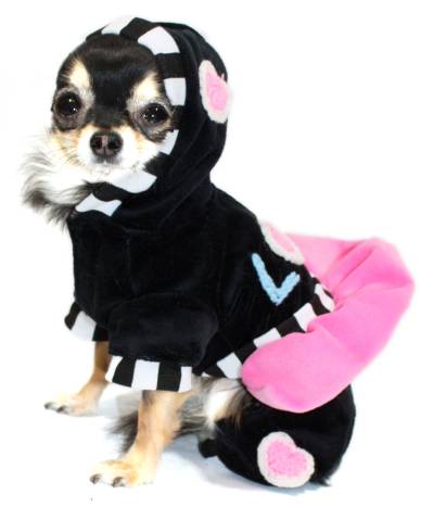 Hip Doggie - Love Jumper - Too cute!!!  Soft stretch velvet one-piece hooded jumpsuit with skirt.  Embellished with crocheted hearts and letters.  Velcro closure on belly, leash hole at neckline.