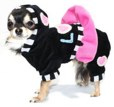 Hip Doggie - Love Jumper - Too cute!!!  Soft stretch velvet one-piece hooded jumpsuit with skirt.  Embellished with crocheted hearts and letters.  Velcro closure on belly, leash hole at neckline.