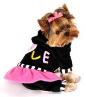 Hip Doggie - Love Jumper - Too cute!!!  Soft stretch velvet one-piece hooded jumpsuit with skirt.  Embellished with crocheted hearts and letters.  Velcro closure on belly, leash hole at neckline.