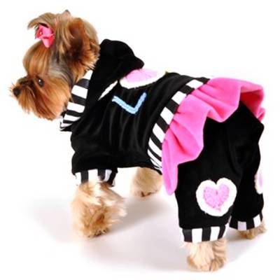 Hip Doggie - Love Jumper - Too cute!!!  Soft stretch velvet one-piece hooded jumpsuit with skirt.  Embellished with crocheted hearts and letters.  Velcro closure on belly, leash hole at neckline.