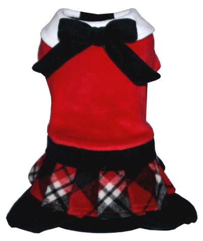 Hip Doggie - Red Plaid Jumper with skirt - Soft & warm, black stretch velvet onesy with red plaid pleated skirt and black velvet bow with white collar and front velcro closure.