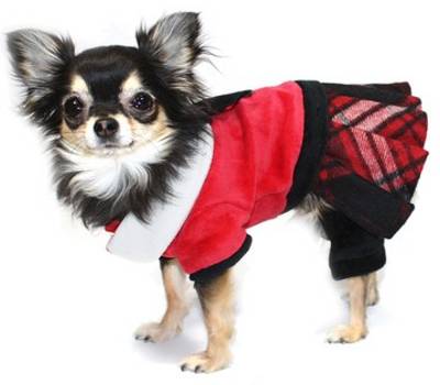 Hip Doggie - Red Plaid Jumper with skirt - Soft & warm, black stretch velvet onesy with red plaid pleated skirt and black velvet bow with white collar and front velcro closure.