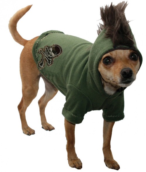 Hip Doggie - Camo Skull Mohawk Hoodie - THE ORIGINAL Mohawk Hoodie!  A Hip Doggie classic!  Soft army green boucle fleece pullover hooded sweatshirt with brown faux fur mohawk and camo skull embroidered patch.  Washable.  Made in USA.