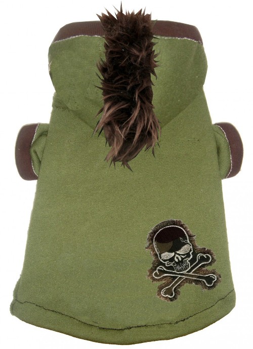 Hip Doggie - Camo Skull Mohawk Hoodie - THE ORIGINAL Mohawk Hoodie!  A Hip Doggie classic!  Soft army green boucle fleece pullover hooded sweatshirt with brown faux fur mohawk and camo skull embroidered patch.  Washable.  Made in USA.