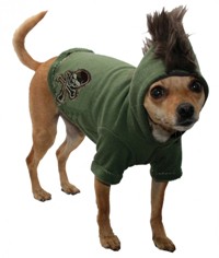 Hip Doggie - Camo Skull Mohawk Hoodie - THE ORIGINAL Mohawk Hoodie!  A Hip Doggie classic!  Soft army green boucle fleece pullover hooded sweatshirt with brown faux fur mohawk and camo skull embroidered patch.  Washable.  Made in USA.