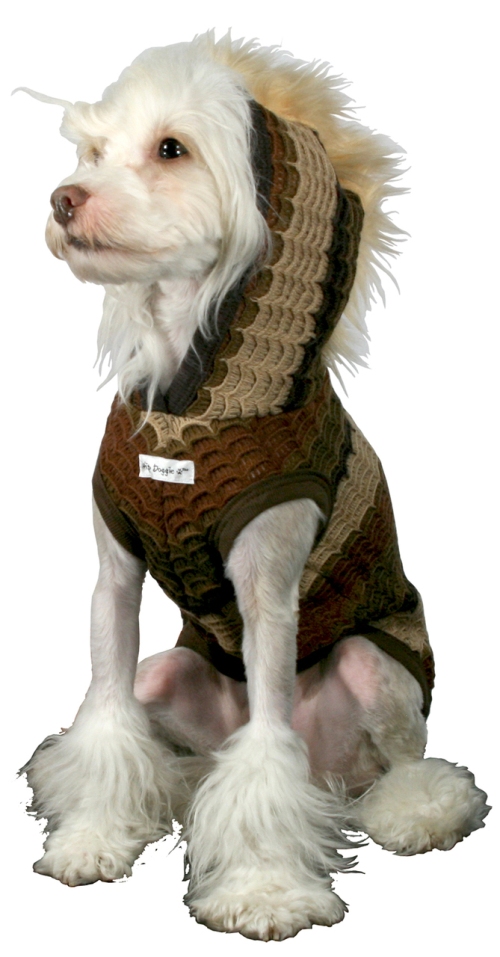 Hip Doggie - Chocolate Knit Mohawk Hoodie - Designer Chocolate Acrylic Knit Mohawk Sweater.  Faux fur Mohawk on Hood.  Embroidered Crown Patch.  Sleeveless.  Washable.