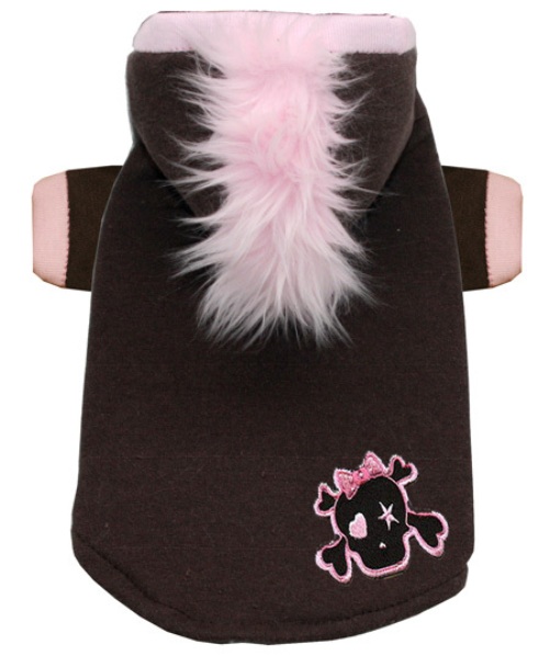 Hip Doggie - Pink Skull Fleece Mohawk Hoodie - THE ORIGINAL Mohawk Hoodie!  A Hip Doggie classic! Soft brown boucle fleece pullover hooded sweatshirt with pink faux fur mohawk and pink skull embroidered patch.  Washable.  Made in USA.