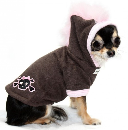 Hip Doggie - Pink Skull Fleece Mohawk Hoodie - THE ORIGINAL Mohawk Hoodie!  A Hip Doggie classic! Soft brown boucle fleece pullover hooded sweatshirt with pink faux fur mohawk and pink skull embroidered patch.  Washable.  Made in USA.