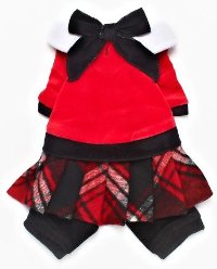 Hip Doggie - Red Plaid Jumper with skirt - Soft & warm, black stretch velvet onesy with red plaid pleated skirt and black velvet bow with white collar and front velcro closure.