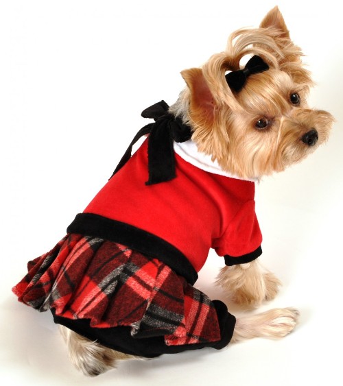 Hip Doggie - Red Plaid Jumper with skirt - Soft & warm, black stretch velvet onesy with red plaid pleated skirt and black velvet bow with white collar and front velcro closure.