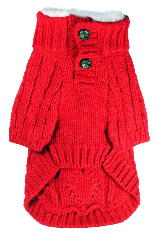 Hip Doggie - Shearling Knit Cable Sweater (Red) - Soft and comfortable high quality imitation cashmere red cable knit with super soft white fur trim on high mock turtleneck.  Retro wood buttons complete the look.  Washable.