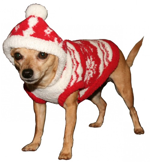 Hip Doggie - Red Snowflake Hoodie Sweater - Comfy and soft, warm sleeveless hooded sweater with pompom on hood.  Wash in cold water, hang to dry.