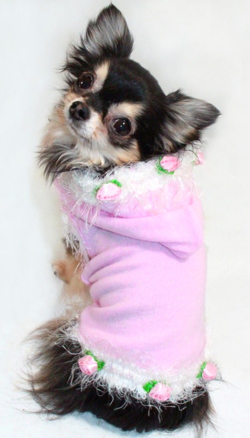 Hip Doggie - Soft Pink Rose Hoodie Sweater - Super soft pink brushed knit Sweater with cute fuzzy rose trim.  Made in the USA.