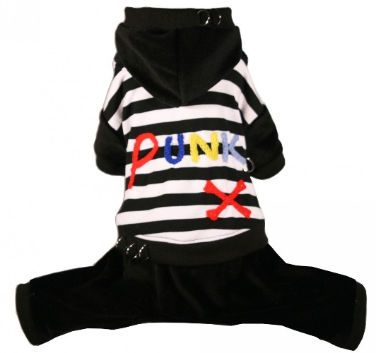 Hip Doggie - Striped Punk Jumper - Soft cotton stretch velvet one piece jumper with Velcro closure for easy on & off.  Colorful hand-embroidered letters that spell "Punk".  Machine washable.