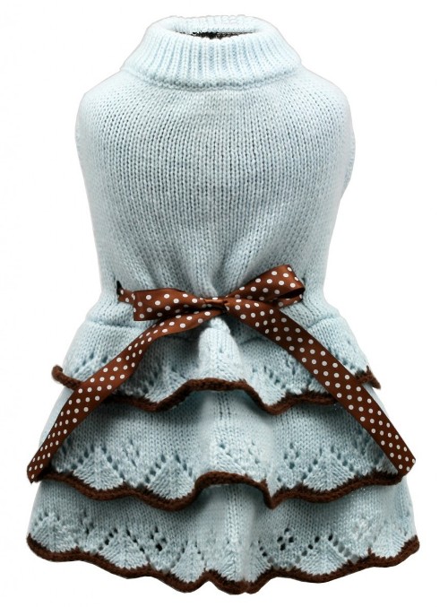 Hip Doggie - Tiffany Blue Sweater Dress - Sweater dress in easy to care for tiffany blue acrylic with layered pointelle lace detailed tri-skirts.  Satin Brown & White Polka Dotted bow at waist for perfect fit.  Washable.