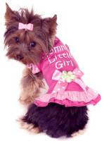Happy Go Lucky Dogs - Mommy's Lil Girl Dress - Vivid pink 100% Cotton t-shirt dress, with flirty sleeves, double ruffle at hemline, accented with a polka dot bow.