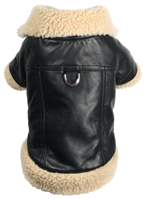 Hip Doggie - Classic Shearling Leatherette Coat - High quality faux leather jacket.  Classic style with soft shearling interior and 70's style collar.  Velcro closure for easy on and easy off.  D-ring on back for light use lead.