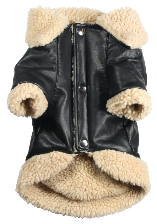 Hip Doggie - Classic Shearling Leatherette Coat - High quality faux leather jacket.  Classic style with soft shearling interior and 70's style collar.  Velcro closure for easy on and easy off.  D-ring on back for light use lead.