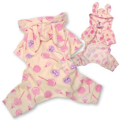 Klippo Sweet Candy Pajamas - Adorable lollipop and cupcake print, soft brushed cotton hooded pajamas with bunny ears.  Stretchable waist line for a better fit.  Snap button closures.  Small D-ring above the first snap button for a "Klippo" charm or ID tag.