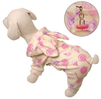 Klippo Sweet Candy Pajamas - Adorable lollipop and cupcake print, soft brushed cotton hooded pajamas with bunny ears.  Stretchable waist line for a better fit.  Snap button closures.  Small D-ring above the first snap button for a "Klippo" charm or ID tag.