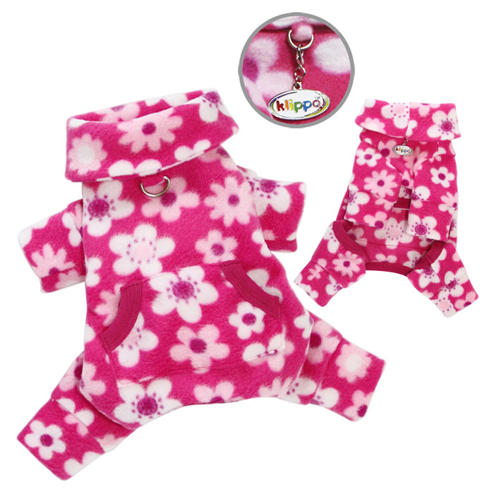 Klippo - Full Blossom Turtleneck Fleece PJs Bodysuit - Beautiful flower print in soft fleece - can be worn as PJs or bodysuit.  Extended collar can be worn as a turtleneck or folded down.  Extended sleeves for dogs with longer legs (can be folded up for shorter legs).  A functional pocket on the back and an attached large D-ring for easy leash attachment.  A small D-Ring near the neckline for a "Klippo" charm or ID tag.