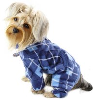 Klippo - Blue Argyle Turtleneck Fleece Pajamas or Bodysuit - Blue argyle pattern fleece pajamas with an extended collar that can be worn as a turtleneck or folded down.  Extended sleeves for dogs with longer legs (can be folded up for shorter legs).  A functional pocket on the back and an attached large D-ring for easy leash attachment.  A small D-Ring near the neckline for a "Klippo" charm or ID tag.