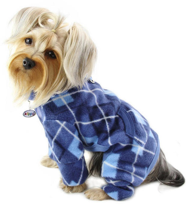 Klippo - Blue Argyle Turtleneck Fleece Pajamas or Bodysuit - Blue argyle pattern fleece pajamas with an extended collar that can be worn as a turtleneck or folded down.  Extended sleeves for dogs with longer legs (can be folded up for shorter legs).  A functional pocket on the back and an attached large D-ring for easy leash attachment.  A small D-Ring near the neckline for a "Klippo" charm or ID tag.