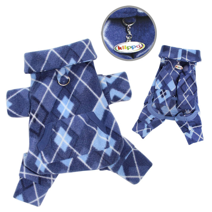 Klippo - Blue Argyle Turtleneck Fleece Pajamas or Bodysuit - Blue argyle pattern fleece pajamas with an extended collar that can be worn as a turtleneck or folded down.  Extended sleeves for dogs with longer legs (can be folded up for shorter legs).  A functional pocket on the back and an attached large D-ring for easy leash attachment.  A small D-Ring near the neckline for a "Klippo" charm or ID tag.