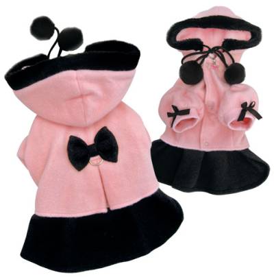 Klippo Princess Dress Coat - Gorgeous thick fleece coat with bow accent above the back pleat.  Puffy sleeves also accented with bows.  Zippered detachable hood with two pompoms and faux fur trim.  D-ring for easy leash attachment.  Snap closure, with a small D-ring attached above the first snap button for a "Klippo" charm or ID tag.