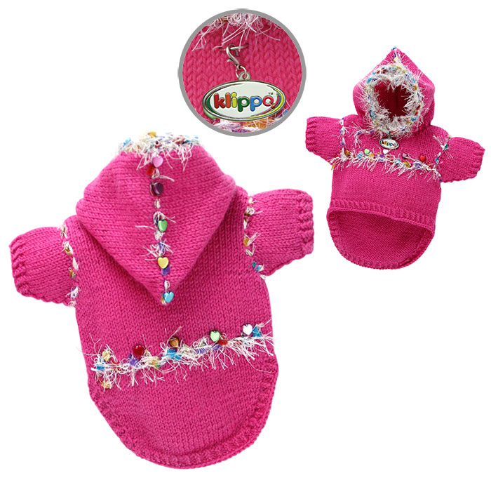 Klippo - Hand-knitted hooded sweater decorated with colorful heart-shaped beads and sparkling trim.  A small D-Ring near the neckline for a "Klippo" charm or ID tag.