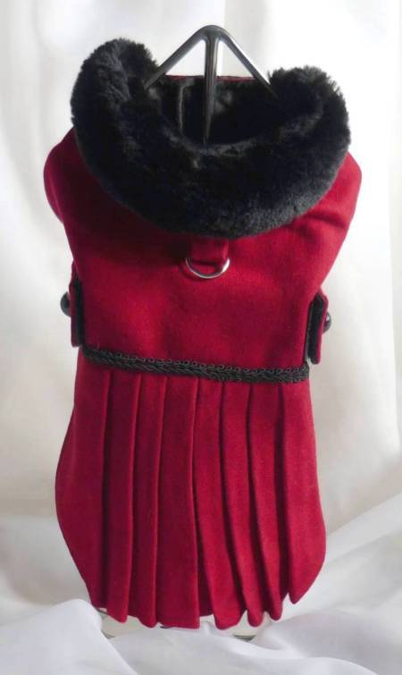 Pleated Wool Dress Coat with built-in harness, pleated over-skirt, black faux fur trimmed collar, lined in satiny black, D-ring, button accents, velcro closures at neck and at both left and right sides.