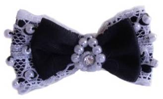 Pure Country - Double-bow of black satin and lace, embellished with faux pearls and a rhinestone center.  1-1/2 inch bow with double rubber band.