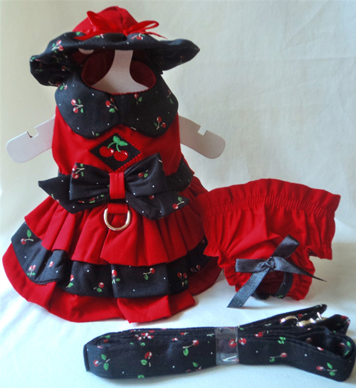 Platinum Puppy Couture - Black Cherry 4-pc Harness Dress Set - Triple-layer (double-ruffle) skirted cherry red harness dress with black background cherry print collar, bowed belt, skirt ruffle, and trim.  Bodice is embroidered with a double-cherry design.